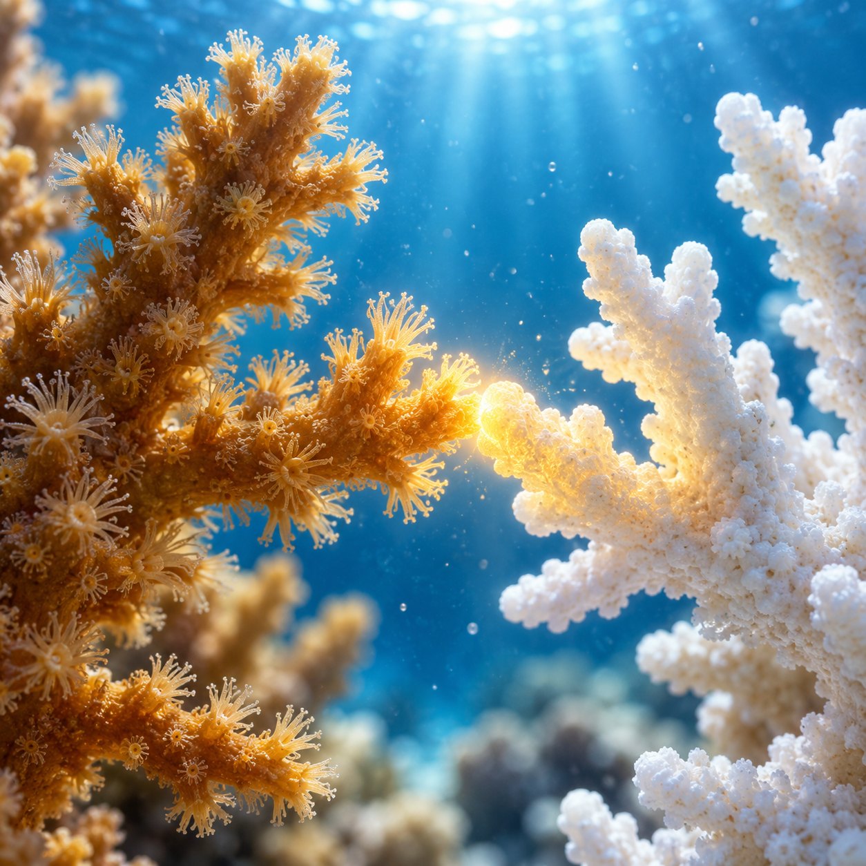Illustration of a healthy golden coral branch touching a bleached white one underwater, with a warm glow where they meet.
