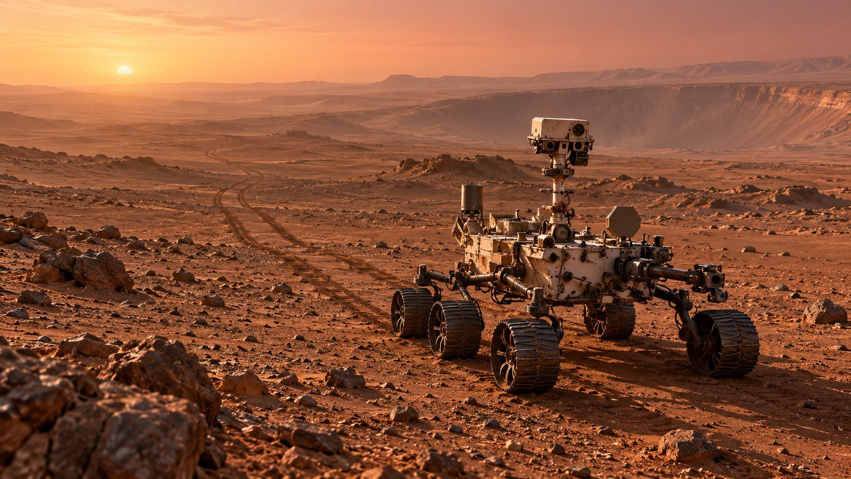 Illustration of a six-wheeled Mars rover on red rocky terrain at sunset, with long wheel tracks winding behind it toward a crater rim.