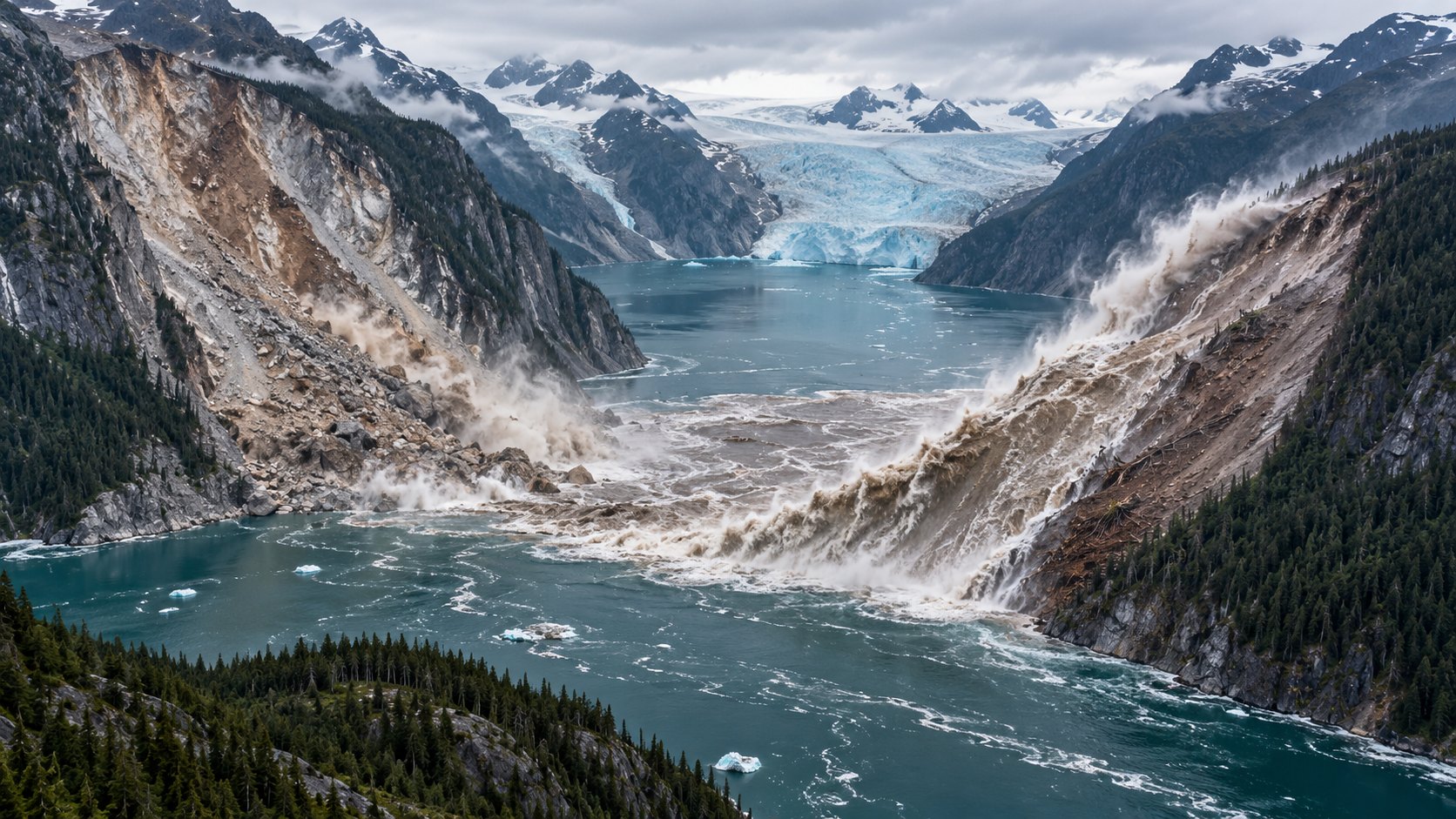 Illustration of a landslide crashing into a narrow Alaskan fjord, with a muddy wave surging up the opposite forested slope and a glacier in the distance.