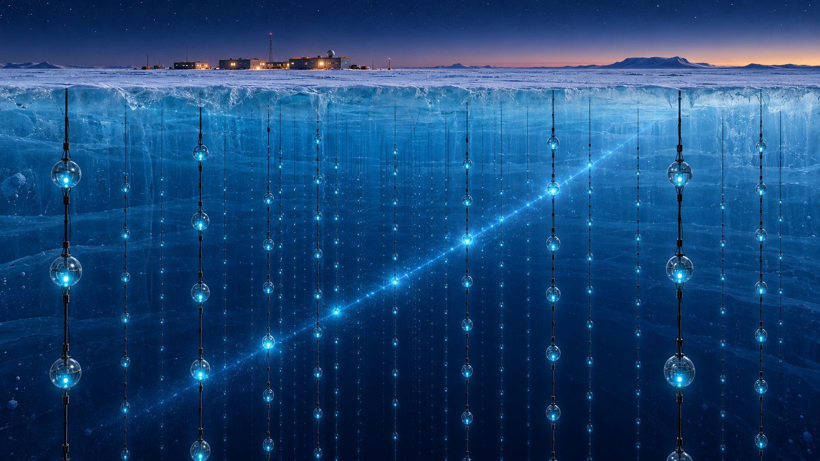 Illustration of the South Pole station at twilight, with a cutaway of the ice below showing strings of glowing sensors and a streak of light passing through them.