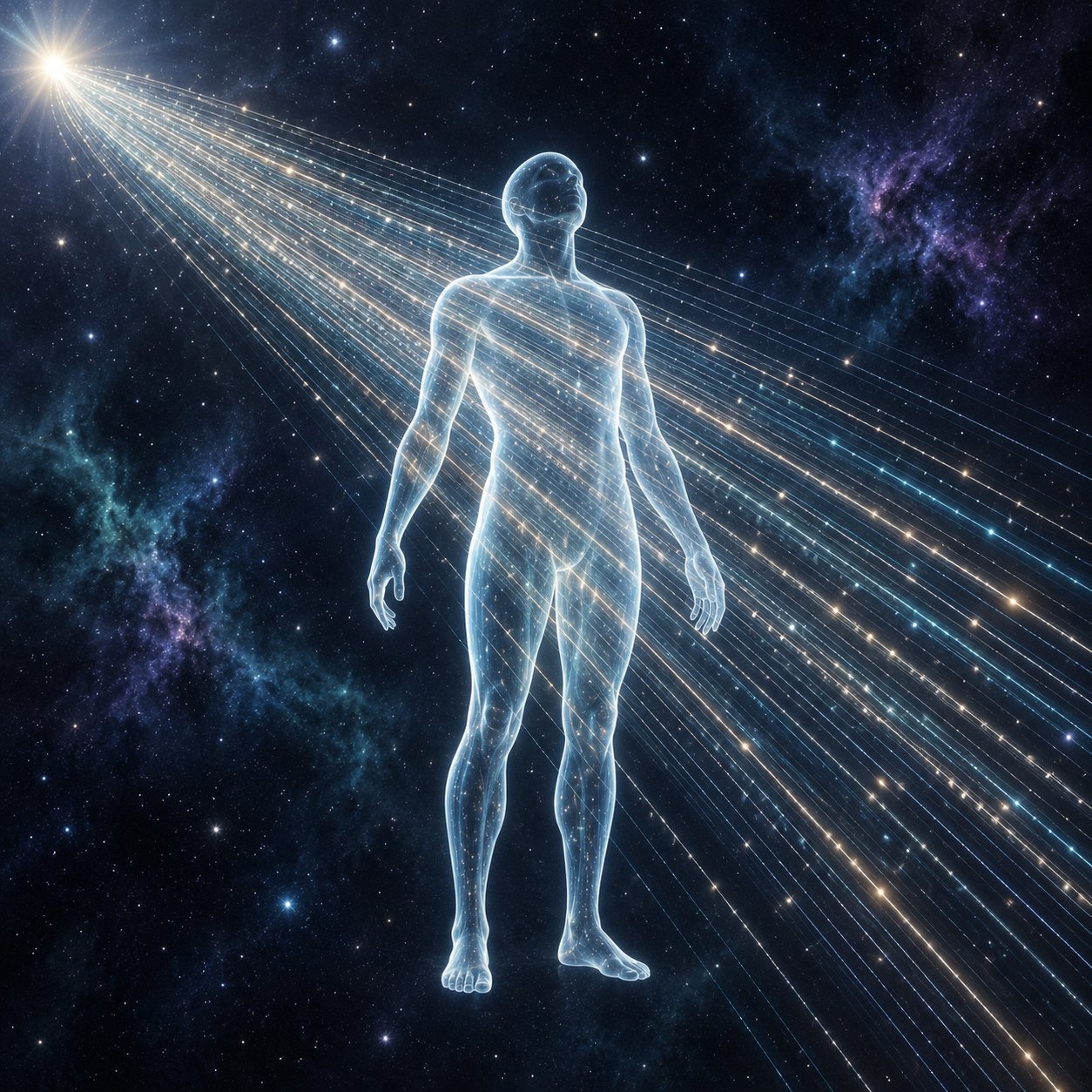 Illustration of a translucent human figure in space with thin streams of glowing particles passing straight through it from a distant star.